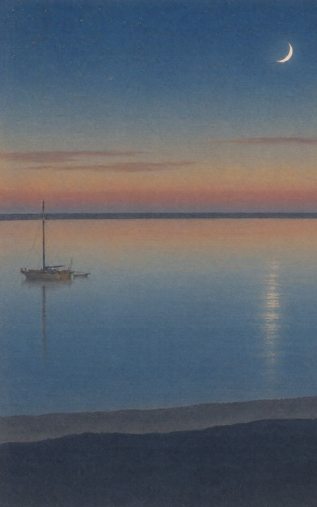 A sailboat at anchor on still water at dusk, under a crescent moon
